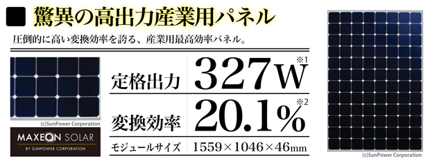 驚異の高出力産業用パネル。圧倒的に高い変換効率を誇る、産業用最高効率パネル。定格出力327W 変換効率20.1% モジュールサイズ 1559ｘ1046ｘ46mm